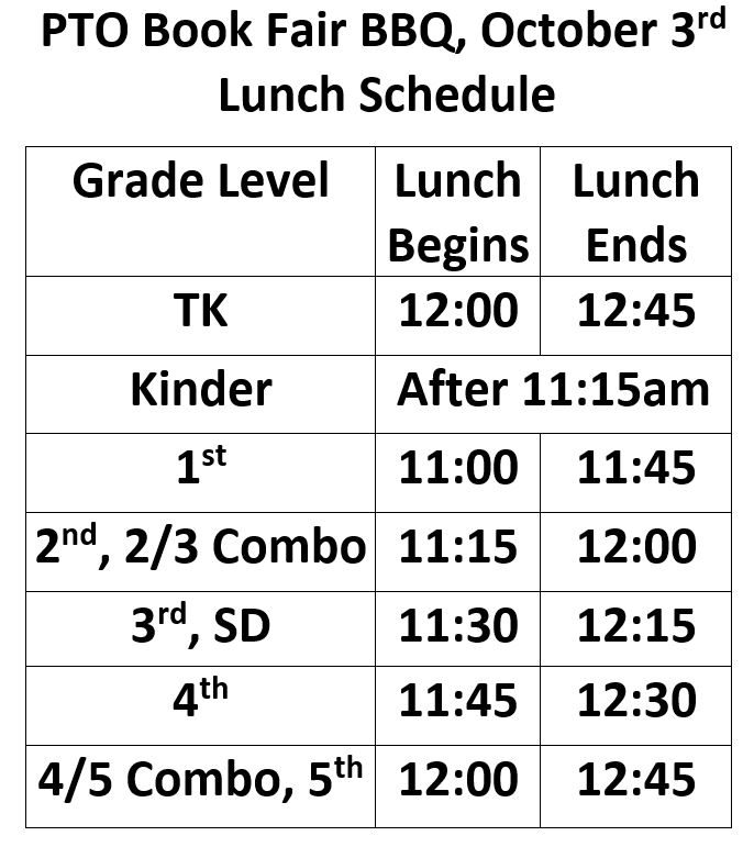 Book Fair BBQ Lunch Schedule