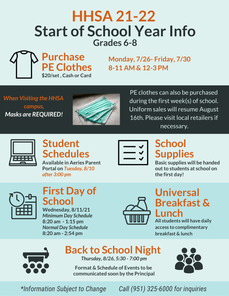 Start Of School Year Info Grades 6-8