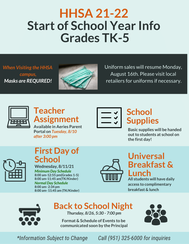 Start Of School Year Info Grades TK-5
