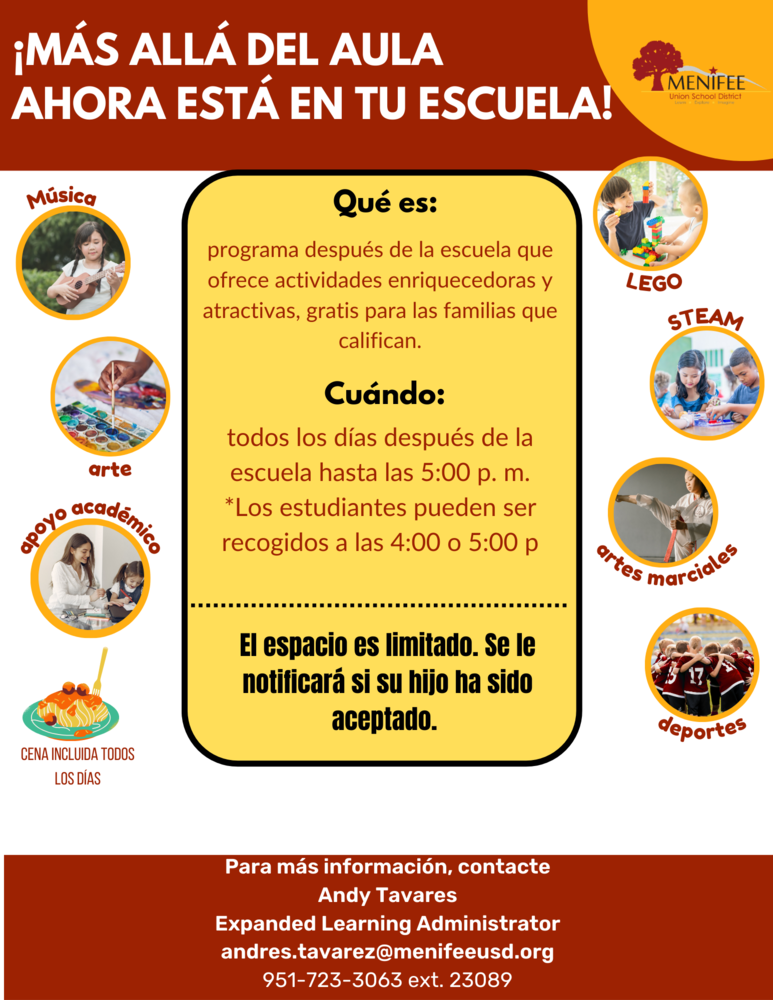 Beyond the Classroom Flier.  Beyond the Classroom is now at your school.  What it is: After school program providing enriching and engaging activities, free for qualifying families.  When: Every day after school until 5:00.  Students can be picked up at 4:00 or 5:00 depending on which activities they choose.  Activities include Lego, music, art, academic support, steam, martial arts, sports.  Supper is included daily.  Space is limited.  